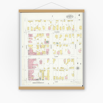 Old map wall art mockup — magnetic wood frame on white wall — Sanborn Fire Insurance Map from Wilmington, Clinton County, Ohio (1907), Sheet #0004