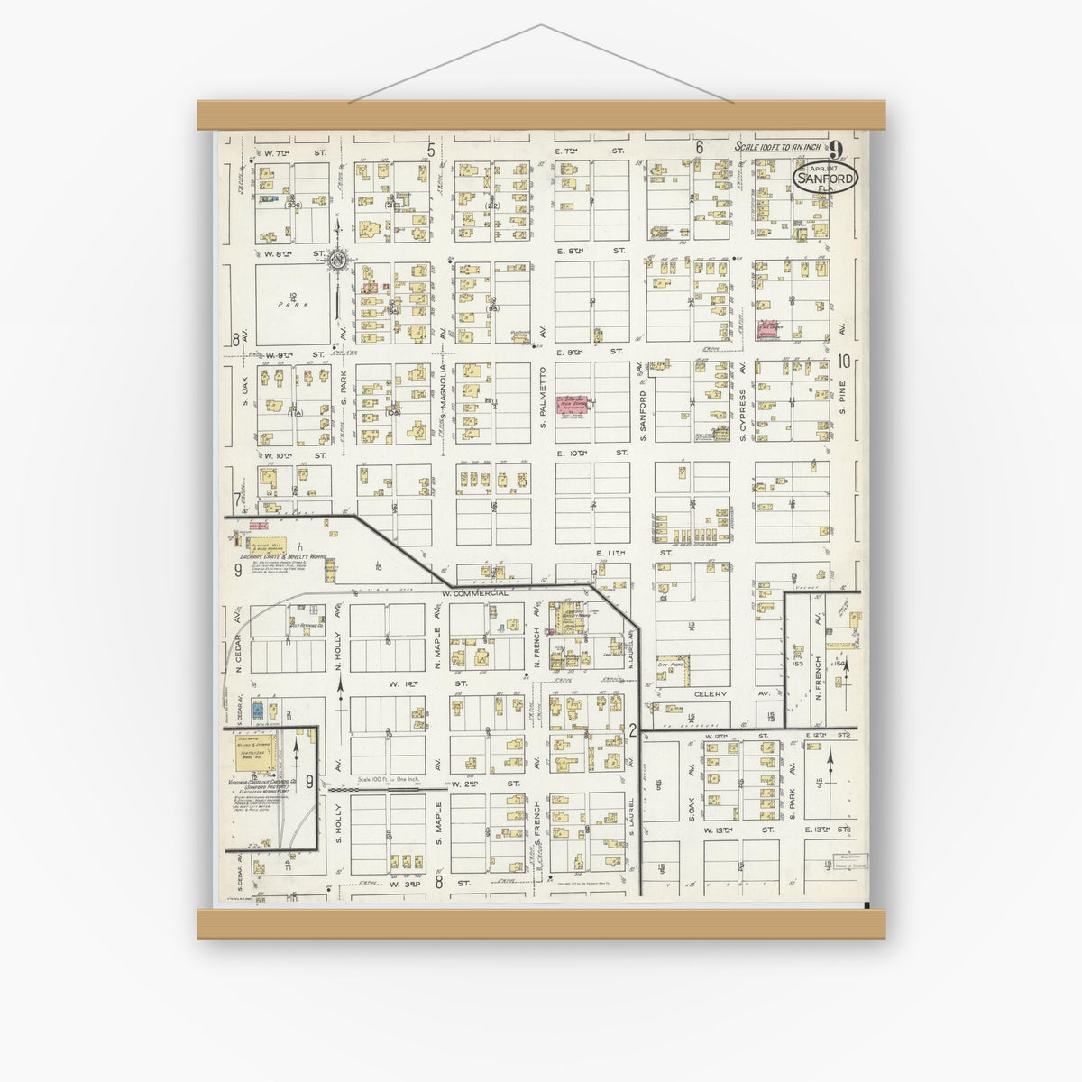 Old map wall art mockup — magnetic wood frame on white wall — Sanborn Fire Insurance Map from Sanford, Seminole County, Florida (1917), Sheet #0009