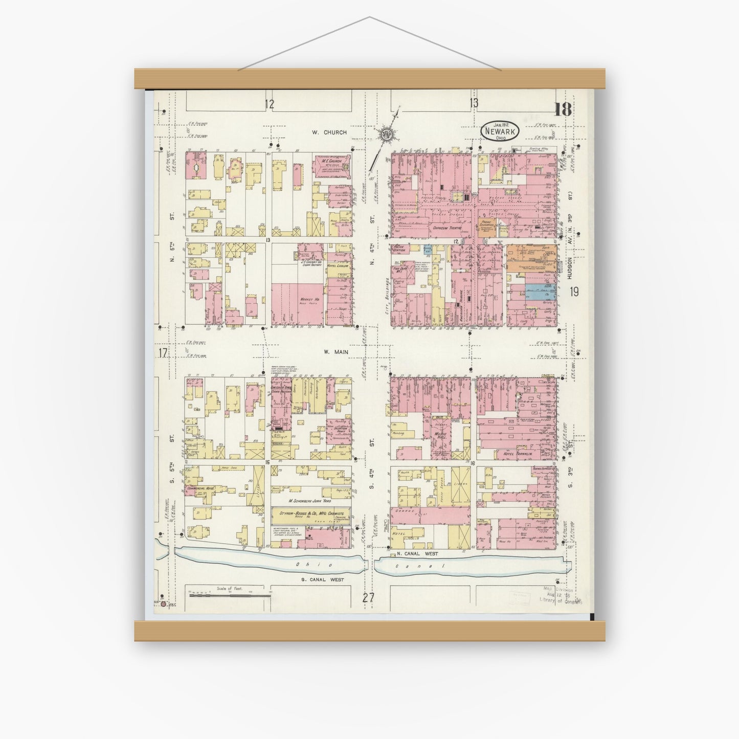 Old map wall art mockup — magnetic wood frame on white wall — Sanborn Fire Insurance Map from Newark, Licking County, Ohio (1912), Sheet #0018