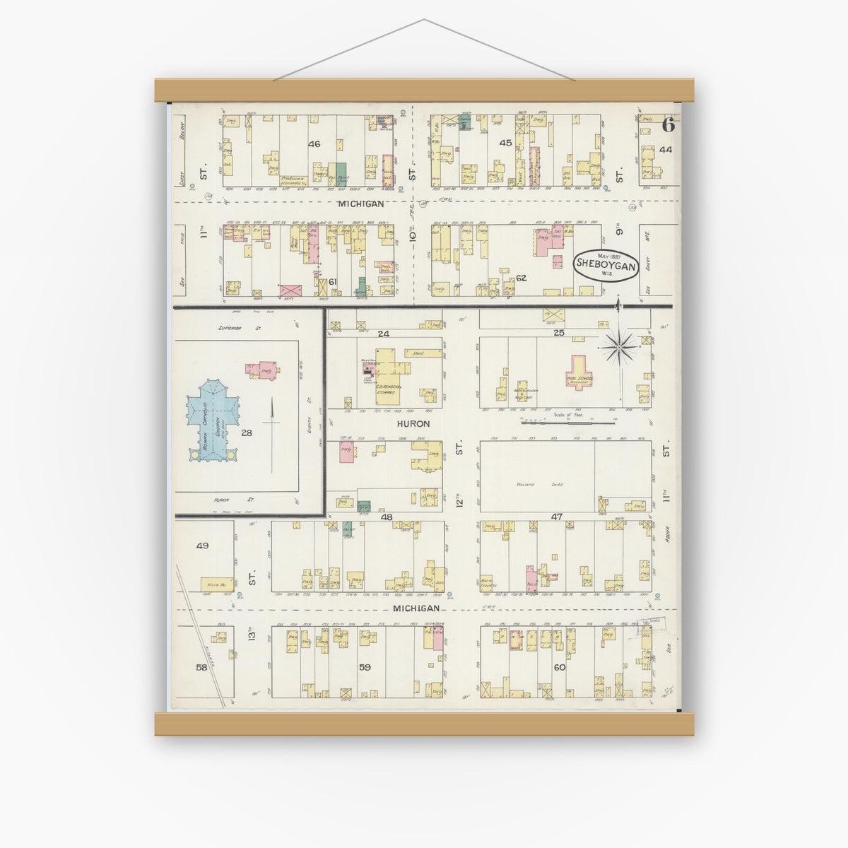 Old map wall art mockup — magnetic wood frame on white wall — Sanborn Fire Insurance Map from Sheboygan, Sheboygan County, Wisconsin (1887), Sheet #0006