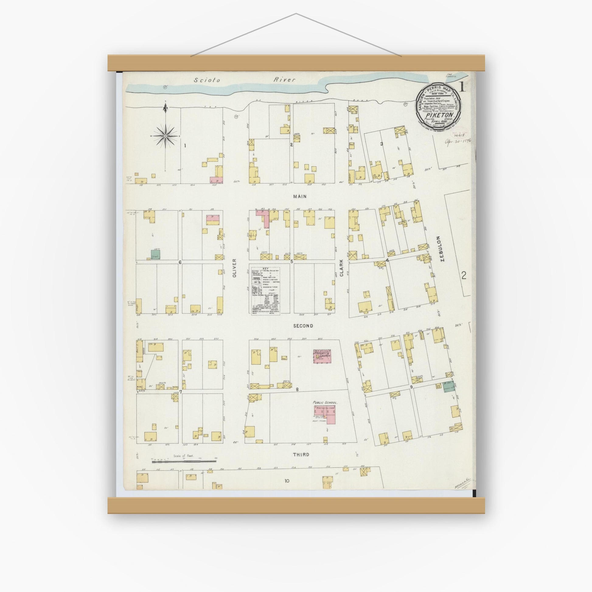 Old map wall art mockup — magnetic wood frame on white wall — Sanborn Fire Insurance Map from Piketon, Pike County, Ohio (1896), Sheet #0001
