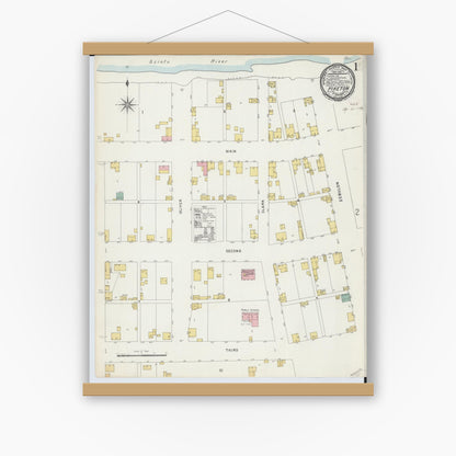 Old map wall art mockup — magnetic wood frame on white wall — Sanborn Fire Insurance Map from Piketon, Pike County, Ohio (1896), Sheet #0001