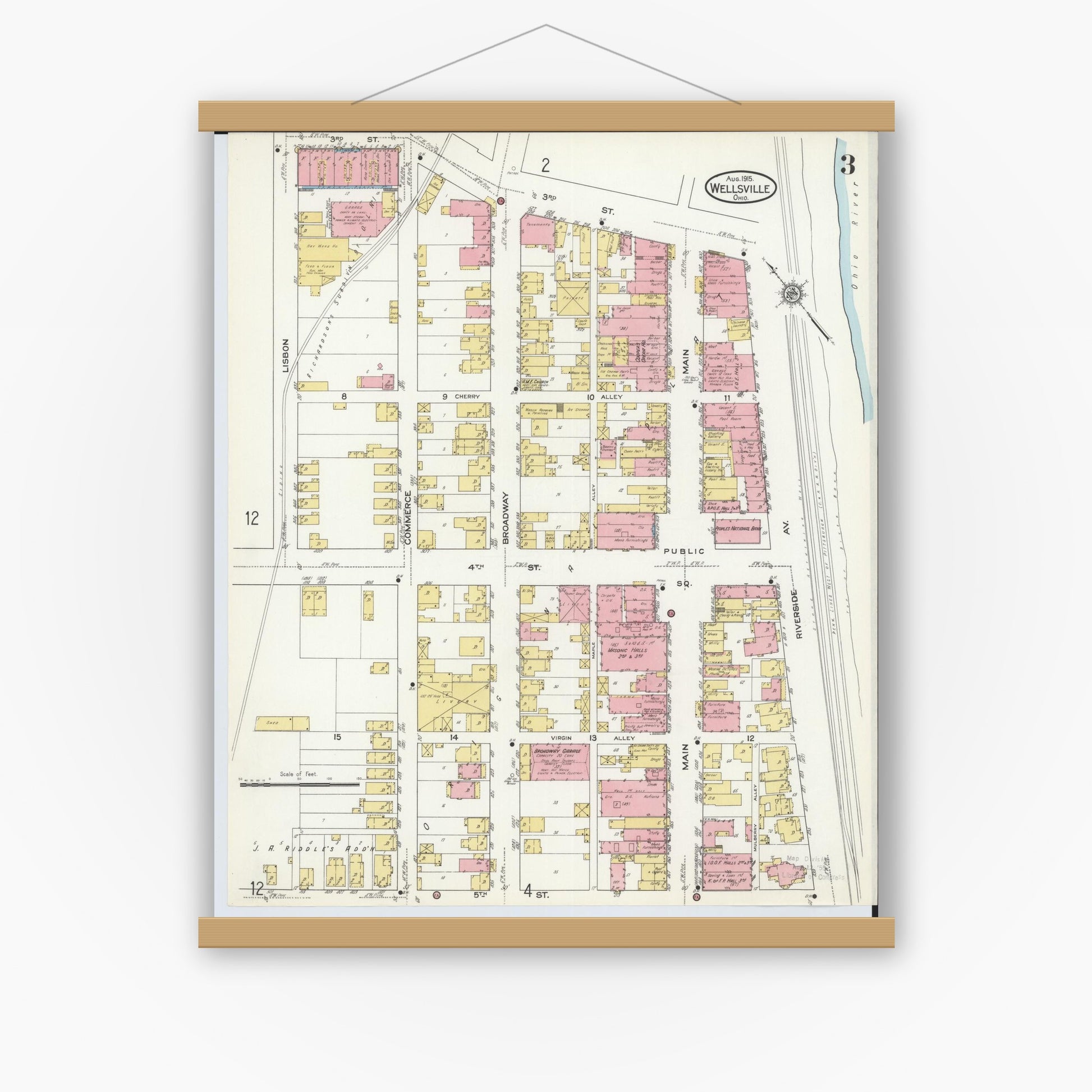 Old map wall art mockup — magnetic wood frame on white wall — Sanborn Fire Insurance Map from Wellsville, Columbiana County, Ohio (1915), Sheet #0003