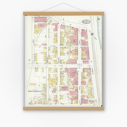 Old map wall art mockup — magnetic wood frame on white wall — Sanborn Fire Insurance Map from Wellsville, Columbiana County, Ohio (1915), Sheet #0003