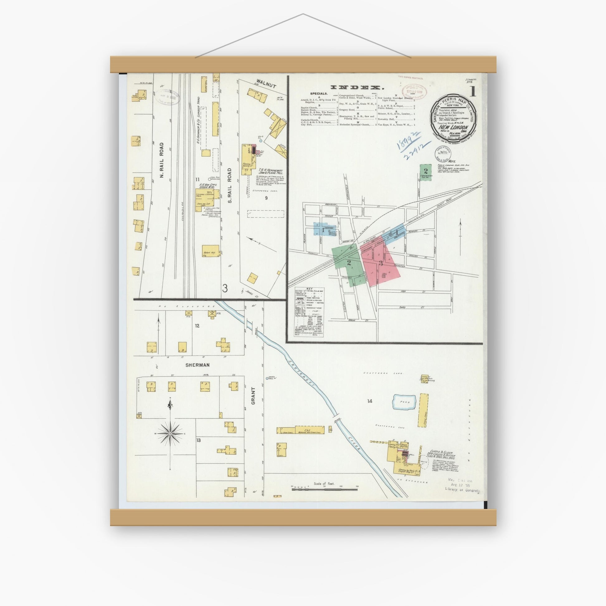 Old map wall art mockup — magnetic wood frame on white wall — Sanborn Fire Insurance Map from New London, Huron County, Ohio (1899) - Complete Map Set