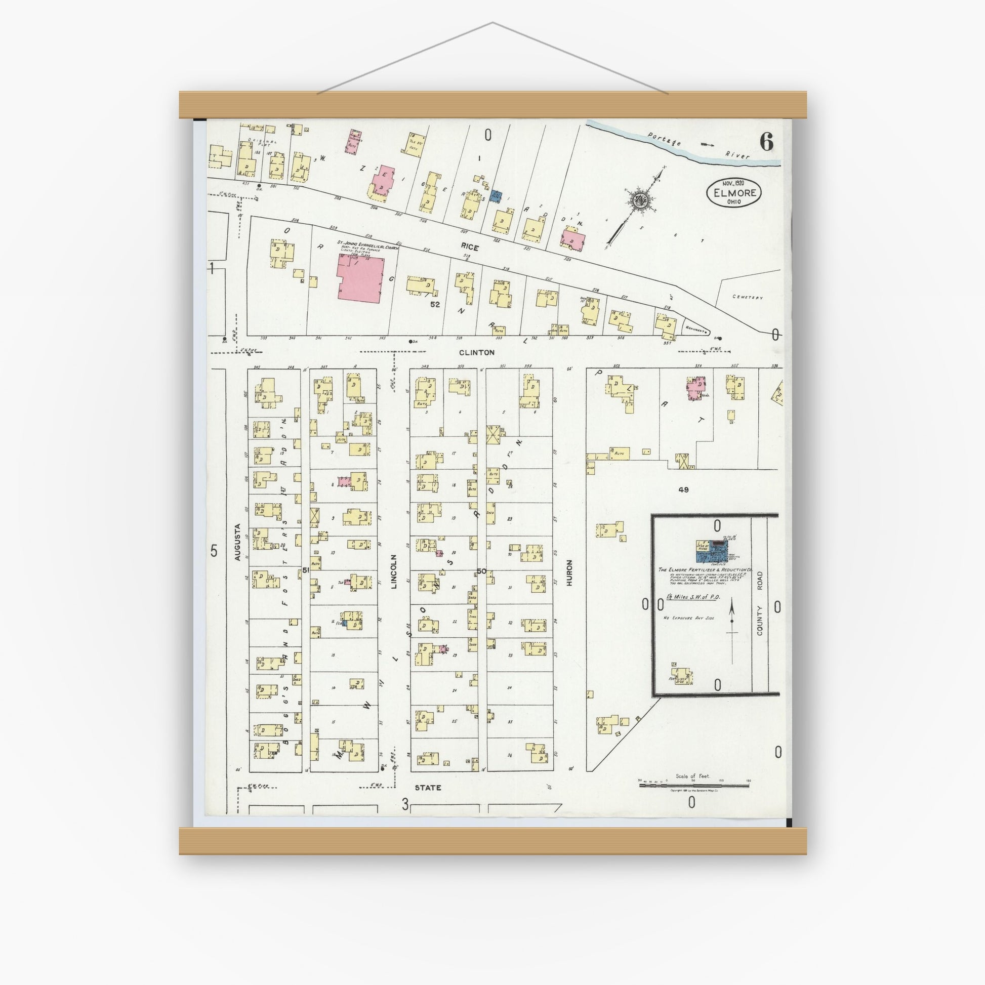 Old map wall art mockup — magnetic wood frame on white wall — Sanborn Fire Insurance Map from Elmore, Ottawa County, Ohio (1920), Sheet #0006
