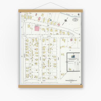 Old map wall art mockup — magnetic wood frame on white wall — Sanborn Fire Insurance Map from Elmore, Ottawa County, Ohio (1920), Sheet #0006