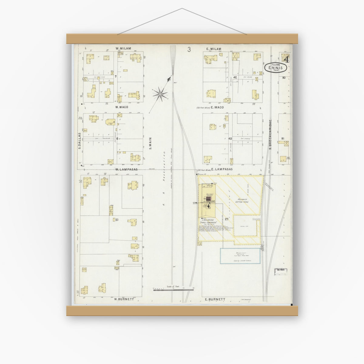Old map wall art mockup — magnetic wood frame on white wall — Sanborn Fire Insurance Map from Ennis, Ellis County, Texas (1896), Sheet #0004