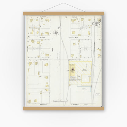Old map wall art mockup — magnetic wood frame on white wall — Sanborn Fire Insurance Map from Ennis, Ellis County, Texas (1896), Sheet #0004