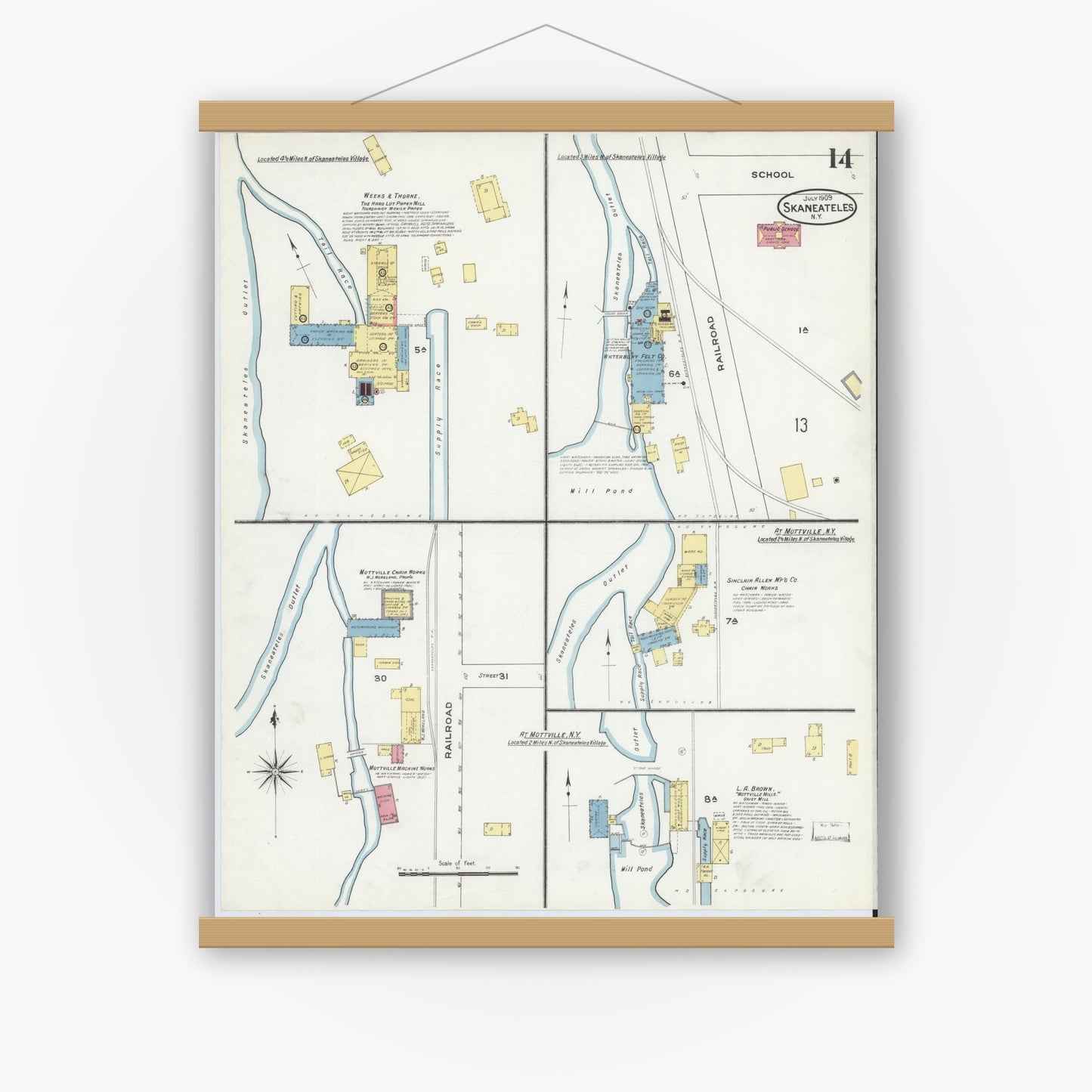 Old map wall art mockup — magnetic wood frame on white wall — Sanborn Fire Insurance Map from Skaneateles, Onondaga County, New York (1909), Sheet #0014