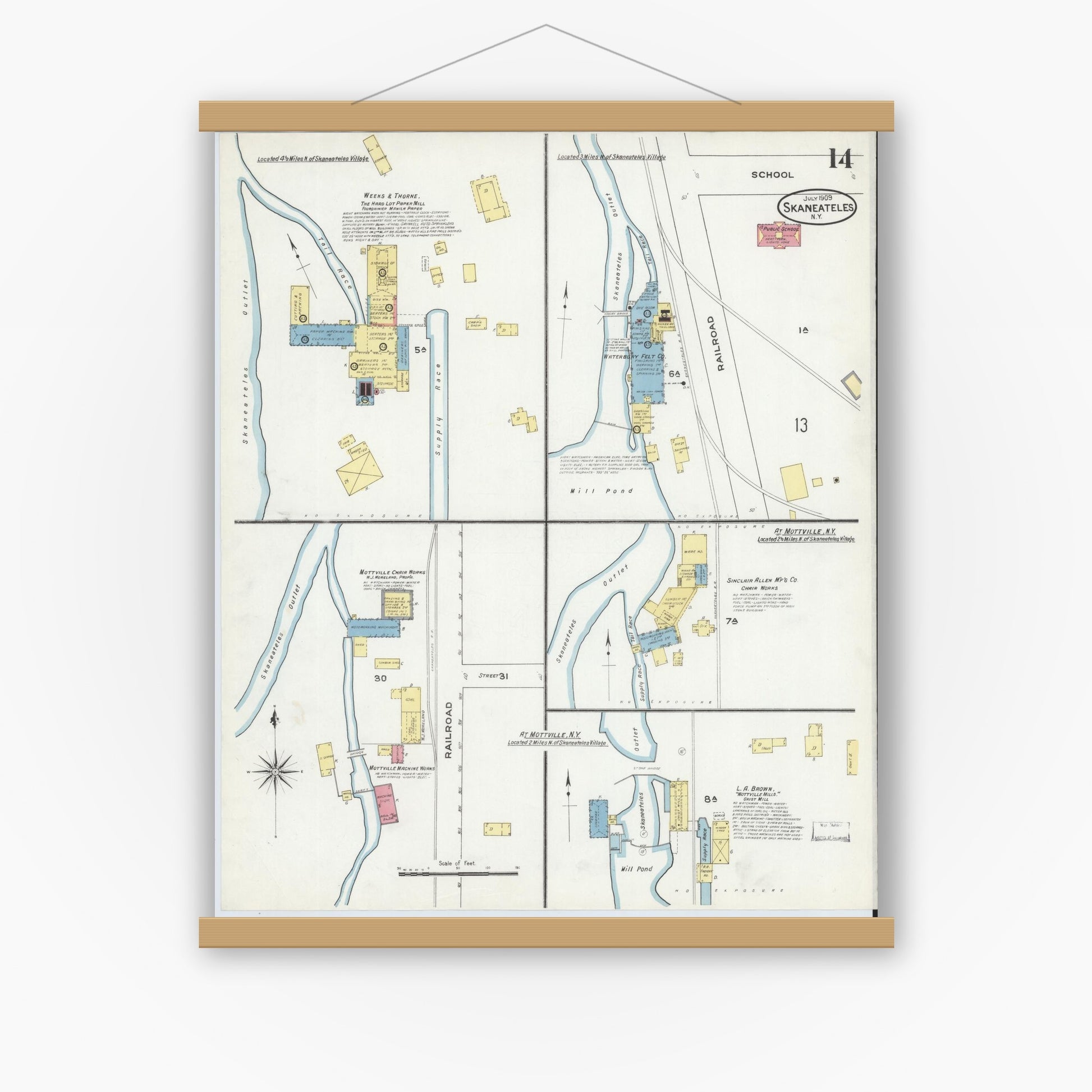 Old map wall art mockup — magnetic wood frame on white wall — Sanborn Fire Insurance Map from Skaneateles, Onondaga County, New York (1909), Sheet #0014
