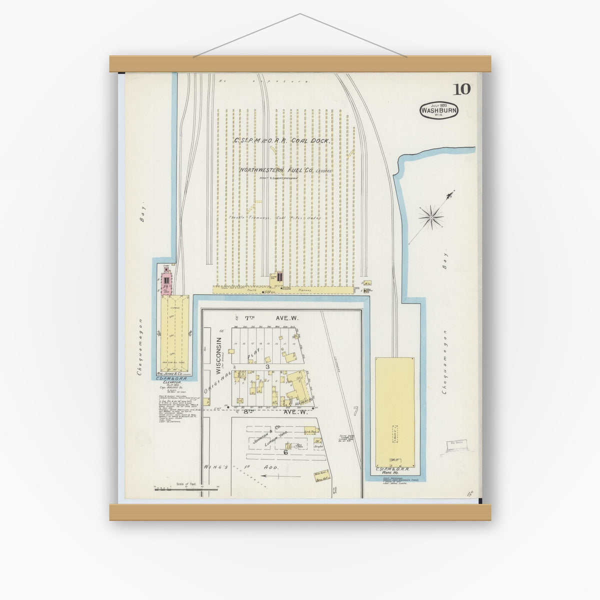 Old map wall art mockup — magnetic wood frame on white wall — Sanborn Fire Insurance Map from Washburn, Bayfield County, Wisconsin (1893), Sheet #0010