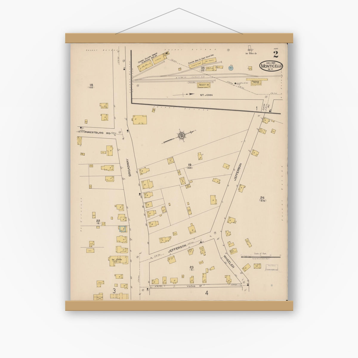 Old map wall art mockup — magnetic wood frame on white wall — Sanborn Fire Insurance Map from Monticello, Sullivan County, New York (1921), Sheet #0002