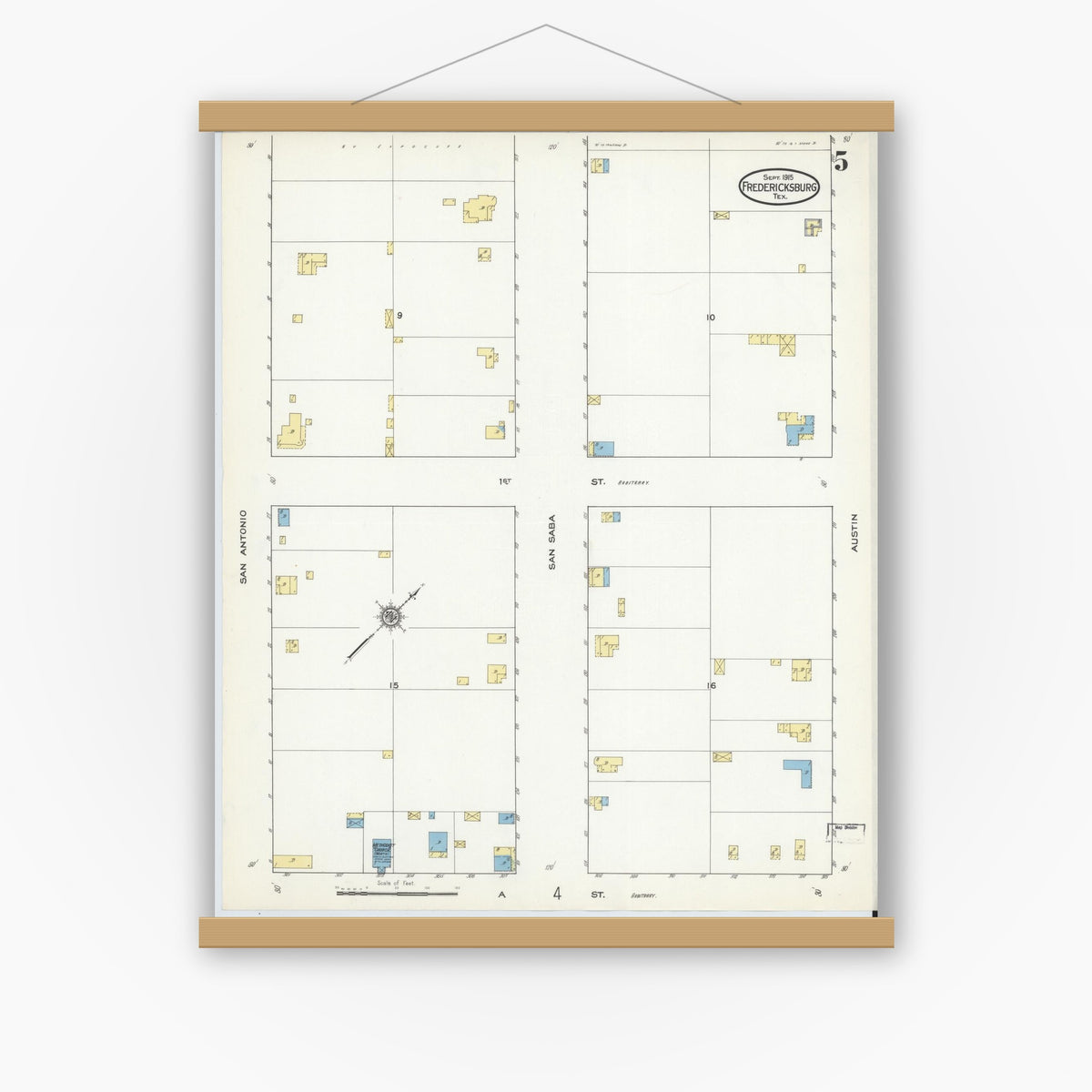 Old map wall art mockup — magnetic wood frame on white wall — Sanborn Fire Insurance Map from Fredericksburg, Gillespie County, Texas (1915), Sheet #0005