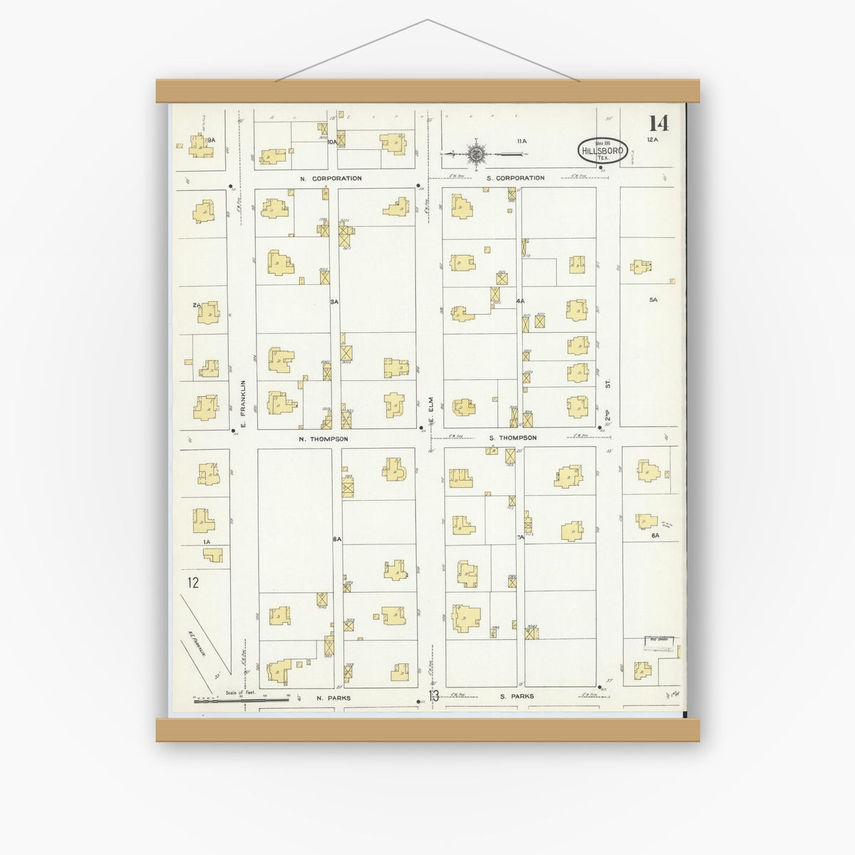 Old map wall art mockup — magnetic wood frame on white wall — Sanborn Fire Insurance Map from Hillsboro, Hill County, Texas (1911), Sheet #0014