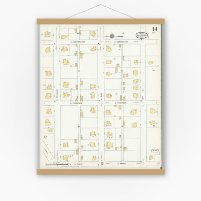 Old map wall art mockup — magnetic wood frame on white wall — Sanborn Fire Insurance Map from Hillsboro, Hill County, Texas (1911), Sheet #0014