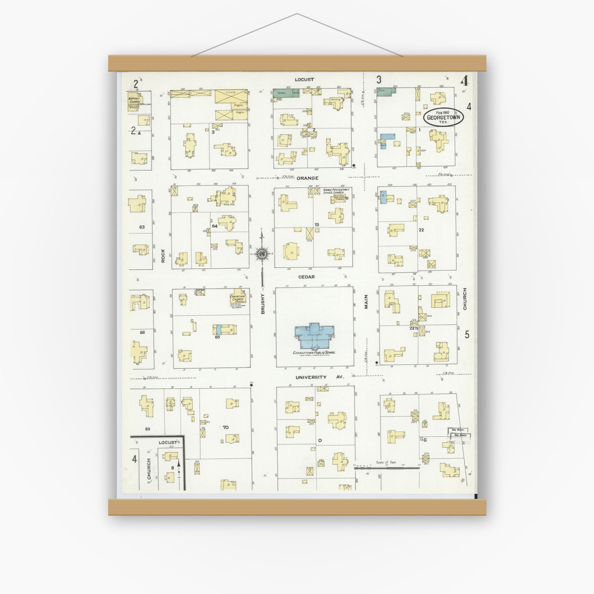 Old map wall art mockup — magnetic wood frame on white wall — Sanborn Fire Insurance Map from Georgetown, Williamson County, Texas (1910), Sheet #0004