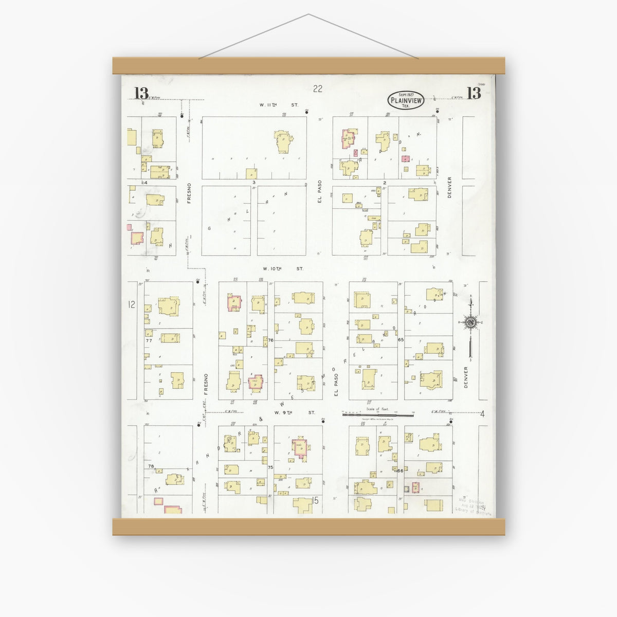 Old map wall art mockup — magnetic wood frame on white wall — Sanborn Fire Insurance Map from Plainview, Hale County, Texas (1927), Sheet #0013