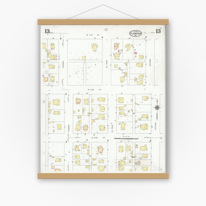 Old map wall art mockup — magnetic wood frame on white wall — Sanborn Fire Insurance Map from Plainview, Hale County, Texas (1927), Sheet #0013