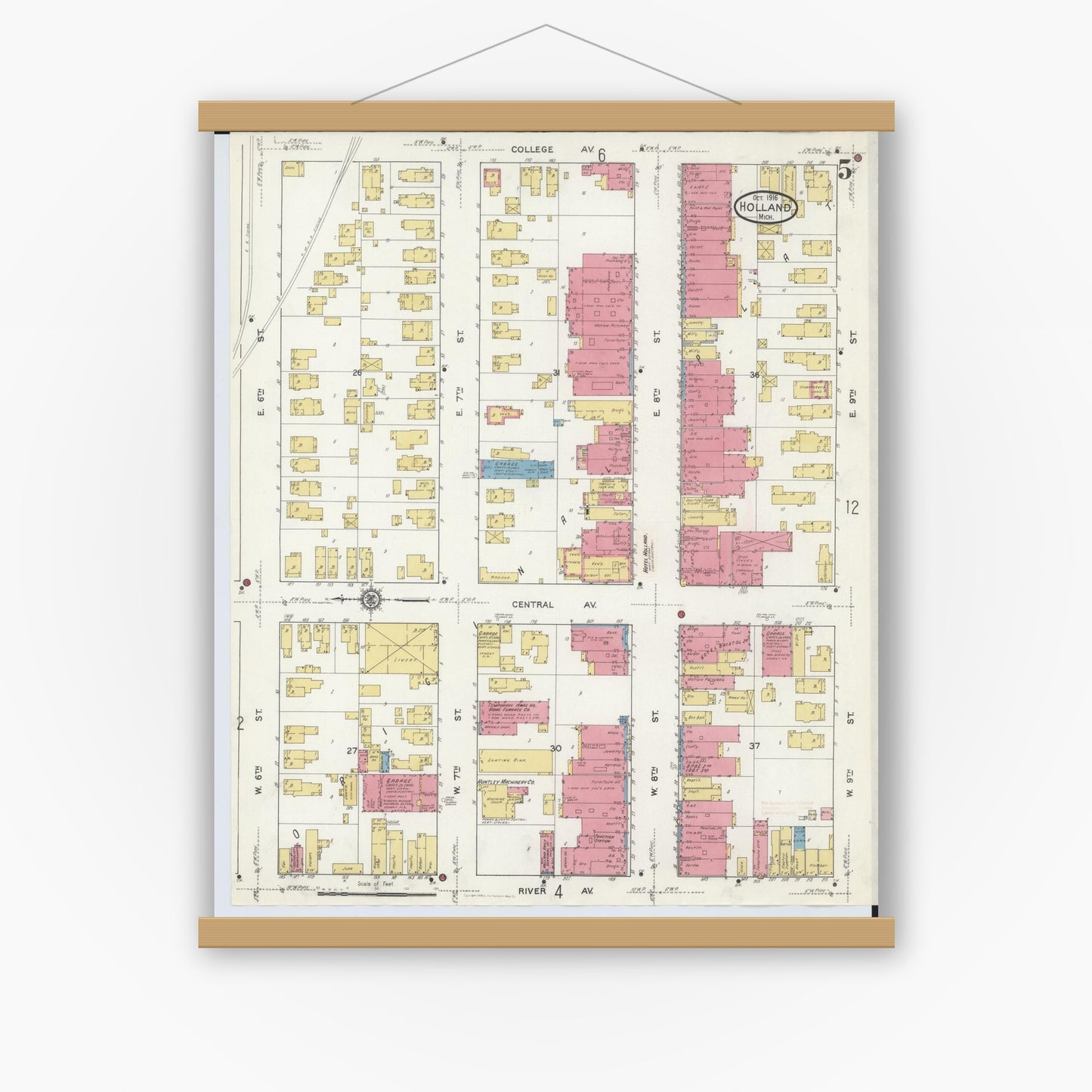 Old map wall art mockup — magnetic wood frame on white wall — Sanborn Fire Insurance Map from Holland, Ottawa County, Michigan (1916), Sheet #0005