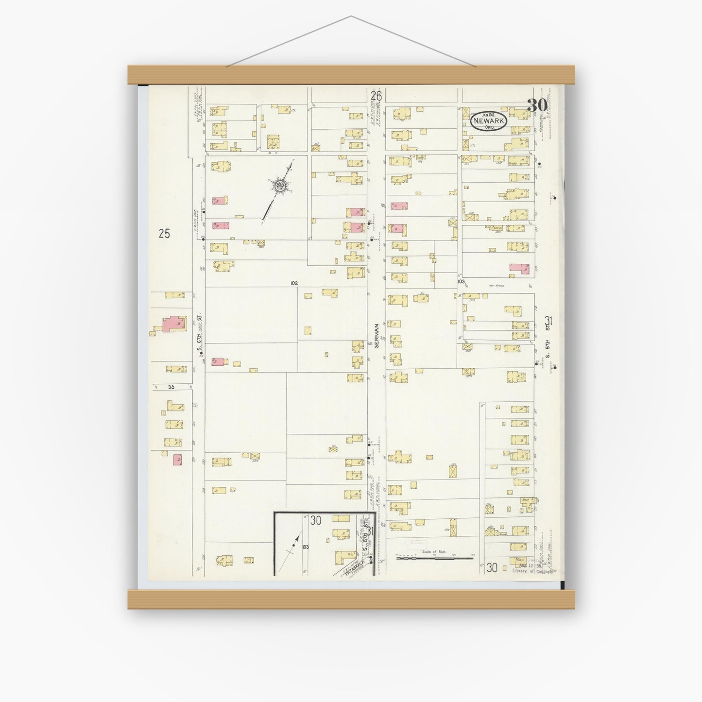 Old map wall art mockup — magnetic wood frame on white wall — Sanborn Fire Insurance Map from Newark, Licking County, Ohio (1912), Sheet #0030