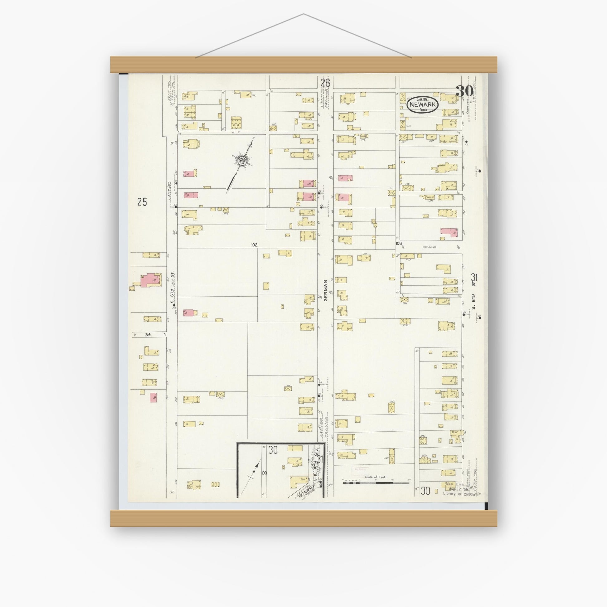 Old map wall art mockup — magnetic wood frame on white wall — Sanborn Fire Insurance Map from Newark, Licking County, Ohio (1912), Sheet #0030