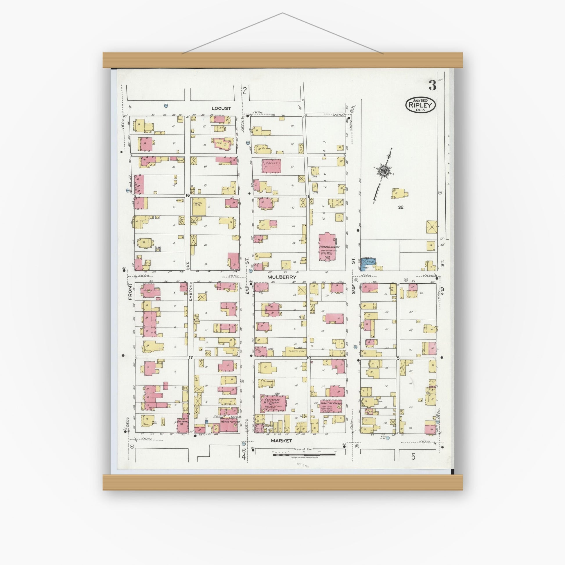 Old map wall art mockup — magnetic wood frame on white wall — Sanborn Fire Insurance Map from Ripley, Brown County, Ohio (1920), Sheet #0003