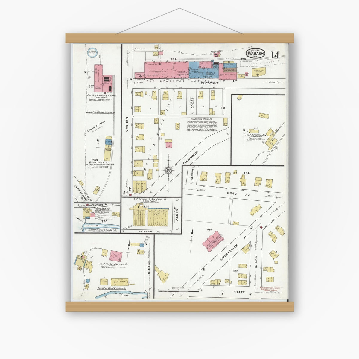 Old map wall art mockup — magnetic wood frame on white wall — Sanborn Fire Insurance Map from Wabash, Wabash County, Indiana (1920), Sheet #0014