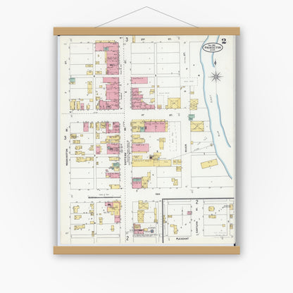Old map wall art mockup — magnetic wood frame on white wall — Sanborn Fire Insurance Map from Princeton, Mille Lacs County, Minnesota (1904), Sheet #0002