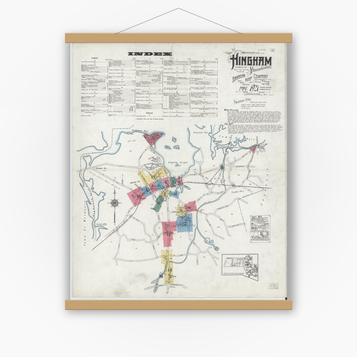 Old map wall art mockup — magnetic wood frame on white wall — Sanborn Fire Insurance Map from Hingham, Plymouth County, Massachusetts (1921), Sheet #0001