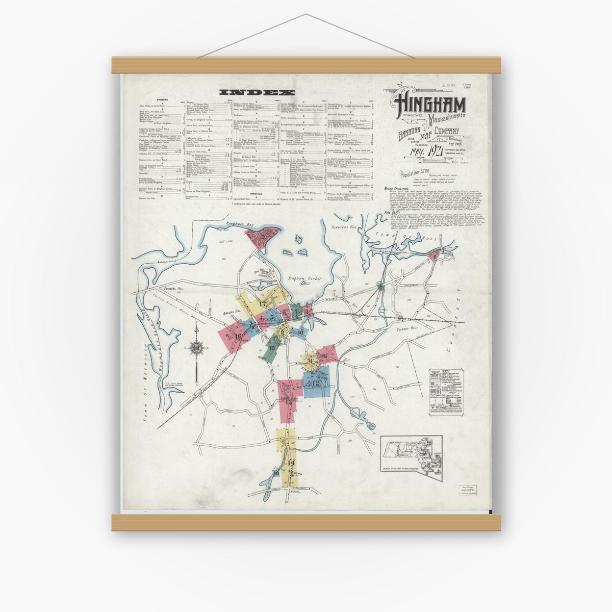 Old map wall art mockup — magnetic wood frame on white wall — Sanborn Fire Insurance Map from Hingham, Plymouth County, Massachusetts (1921), Sheet #0001