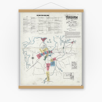 Old map wall art mockup — magnetic wood frame on white wall — Sanborn Fire Insurance Map from Hingham, Plymouth County, Massachusetts (1921), Sheet #0001