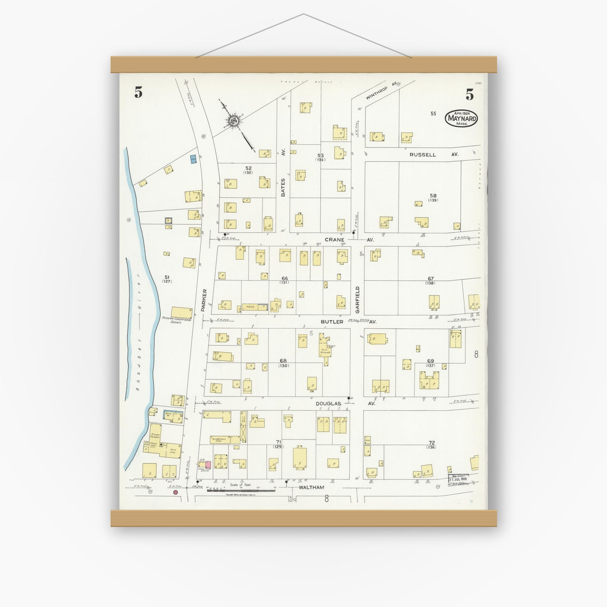 Old map wall art mockup — magnetic wood frame on white wall — Sanborn Fire Insurance Map from Maynard, Middlesex County, Massachusetts (1924), Sheet #0005