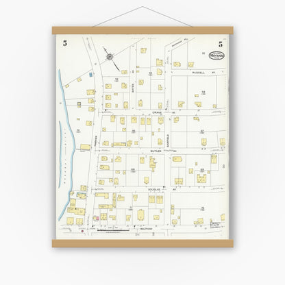 Old map wall art mockup — magnetic wood frame on white wall — Sanborn Fire Insurance Map from Maynard, Middlesex County, Massachusetts (1924), Sheet #0005