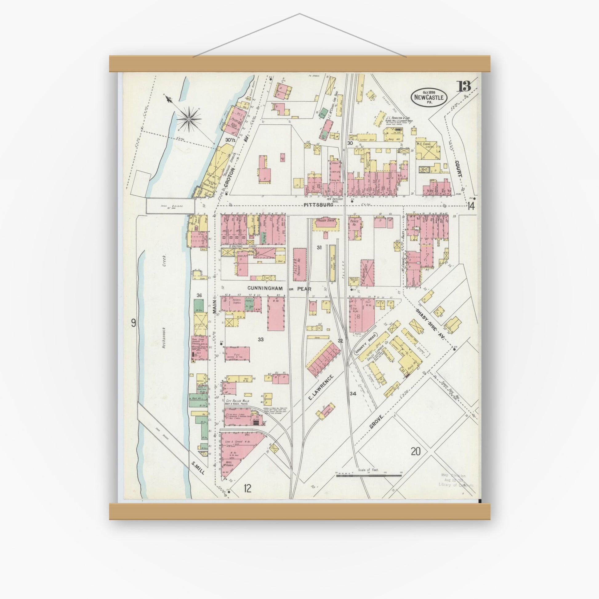 Old map wall art mockup — magnetic wood frame on white wall — Sanborn Fire Insurance Map from New Castle, Lawrence County, Pennsylvania (1899), Sheet #0013