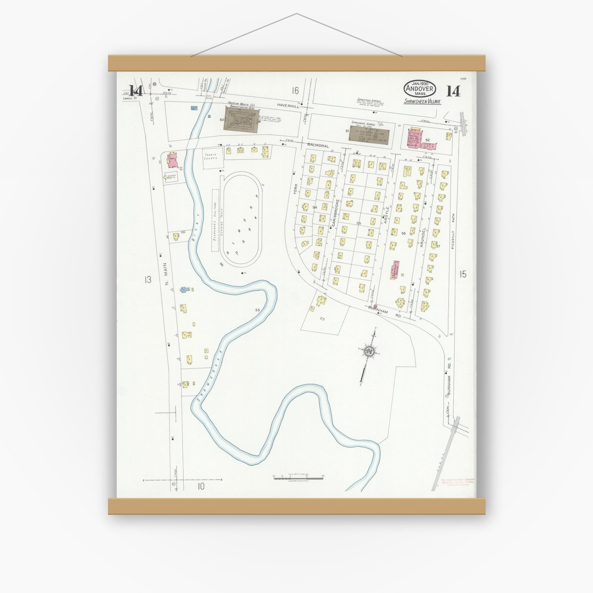 Old map wall art mockup — magnetic wood frame on white wall — Sanborn Fire Insurance Map from Andover, Essex County, Massachusetts (1930), Sheet #0014