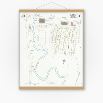 Old map wall art mockup — magnetic wood frame on white wall — Sanborn Fire Insurance Map from Andover, Essex County, Massachusetts (1930), Sheet #0014