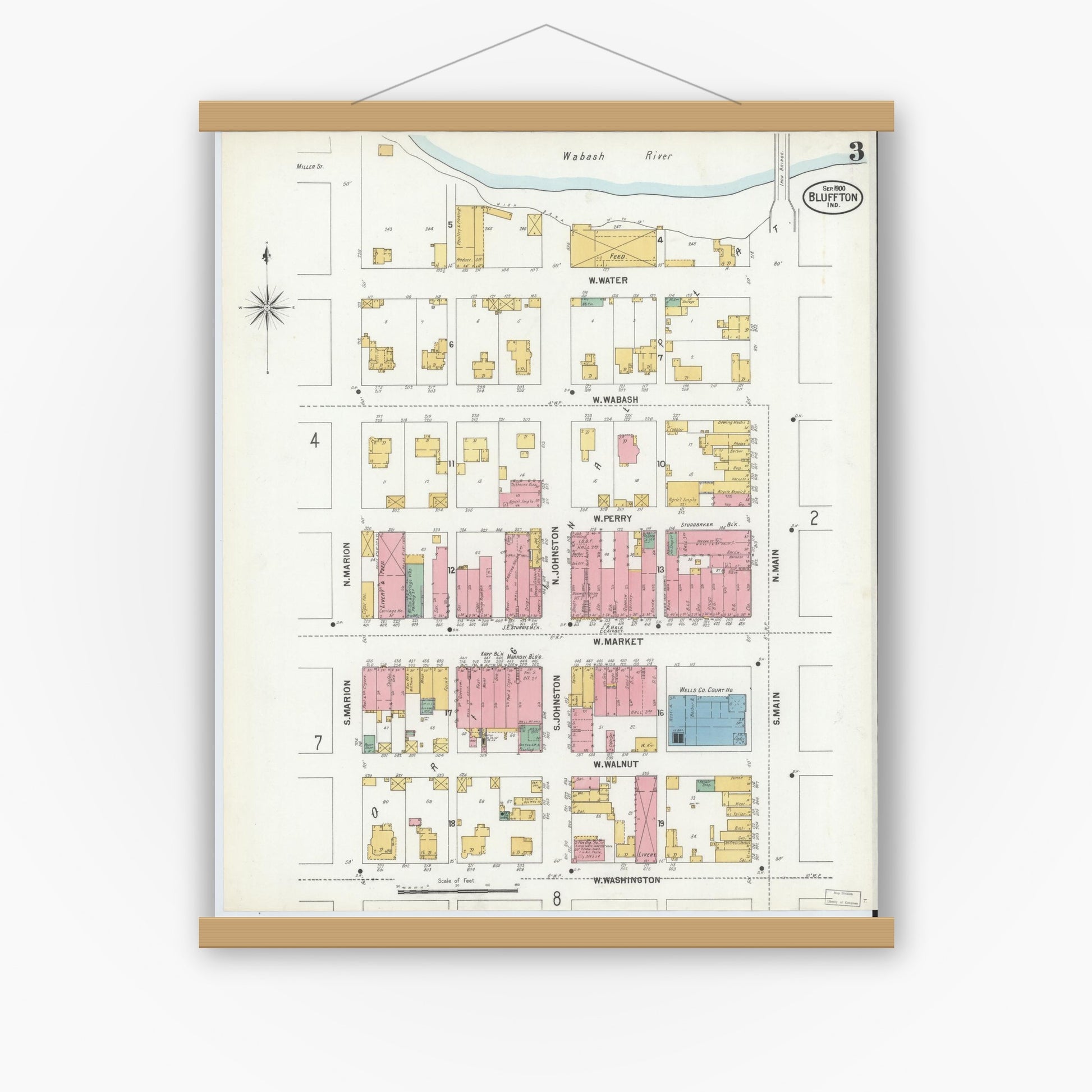 Old map wall art mockup — magnetic wood frame on white wall — Sanborn Fire Insurance Map from Bluffton, Wells County, Indiana (1900), Sheet #0003