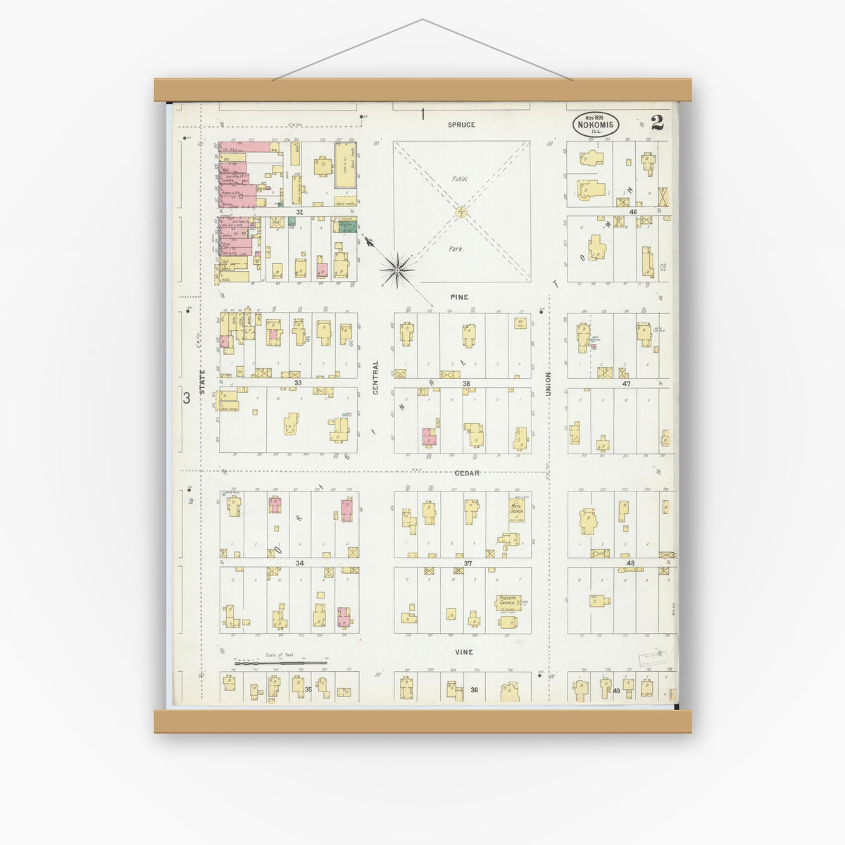 Old map wall art mockup — magnetic wood frame on white wall — Sanborn Fire Insurance Map from Nokomis, Montgomery County, Illinois (1899), Sheet #0002