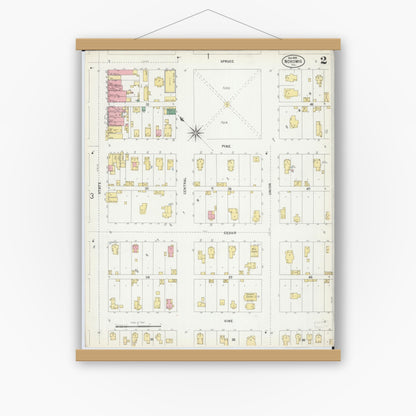 Old map wall art mockup — magnetic wood frame on white wall — Sanborn Fire Insurance Map from Nokomis, Montgomery County, Illinois (1899), Sheet #0002