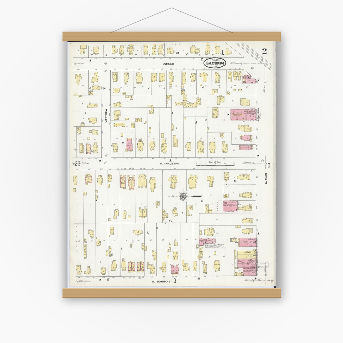 Old map wall art mockup — magnetic wood frame on white wall — Sanborn Fire Insurance Map from Galesburg, Knox County, Illinois (1911), Sheet #0002