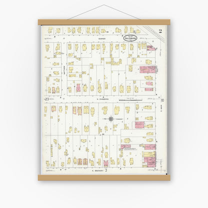Old map wall art mockup — magnetic wood frame on white wall — Sanborn Fire Insurance Map from Galesburg, Knox County, Illinois (1911), Sheet #0002