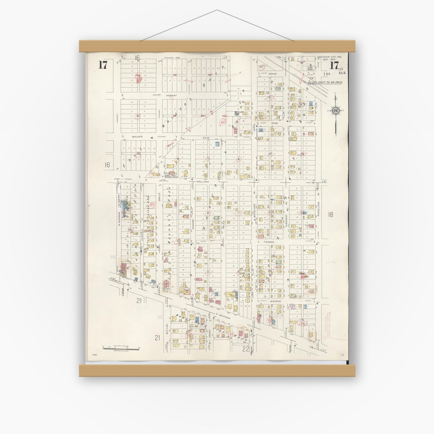 Old map wall art mockup — magnetic wood frame on white wall — Sanborn Fire Insurance Map from Michigan City, La Porte County, Indiana (1948), Sheet #0017