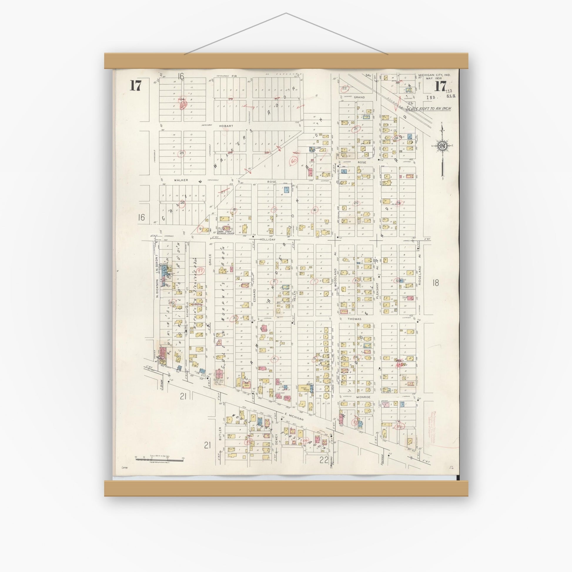 Old map wall art mockup — magnetic wood frame on white wall — Sanborn Fire Insurance Map from Michigan City, La Porte County, Indiana (1948), Sheet #0017