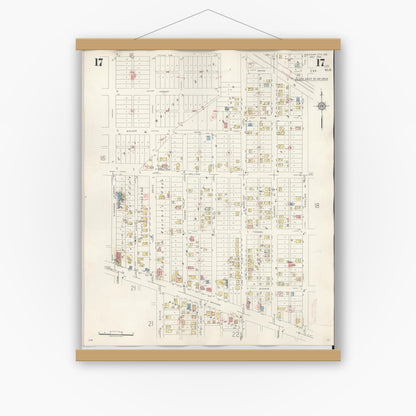 Old map wall art mockup — magnetic wood frame on white wall — Sanborn Fire Insurance Map from Michigan City, La Porte County, Indiana (1948), Sheet #0017
