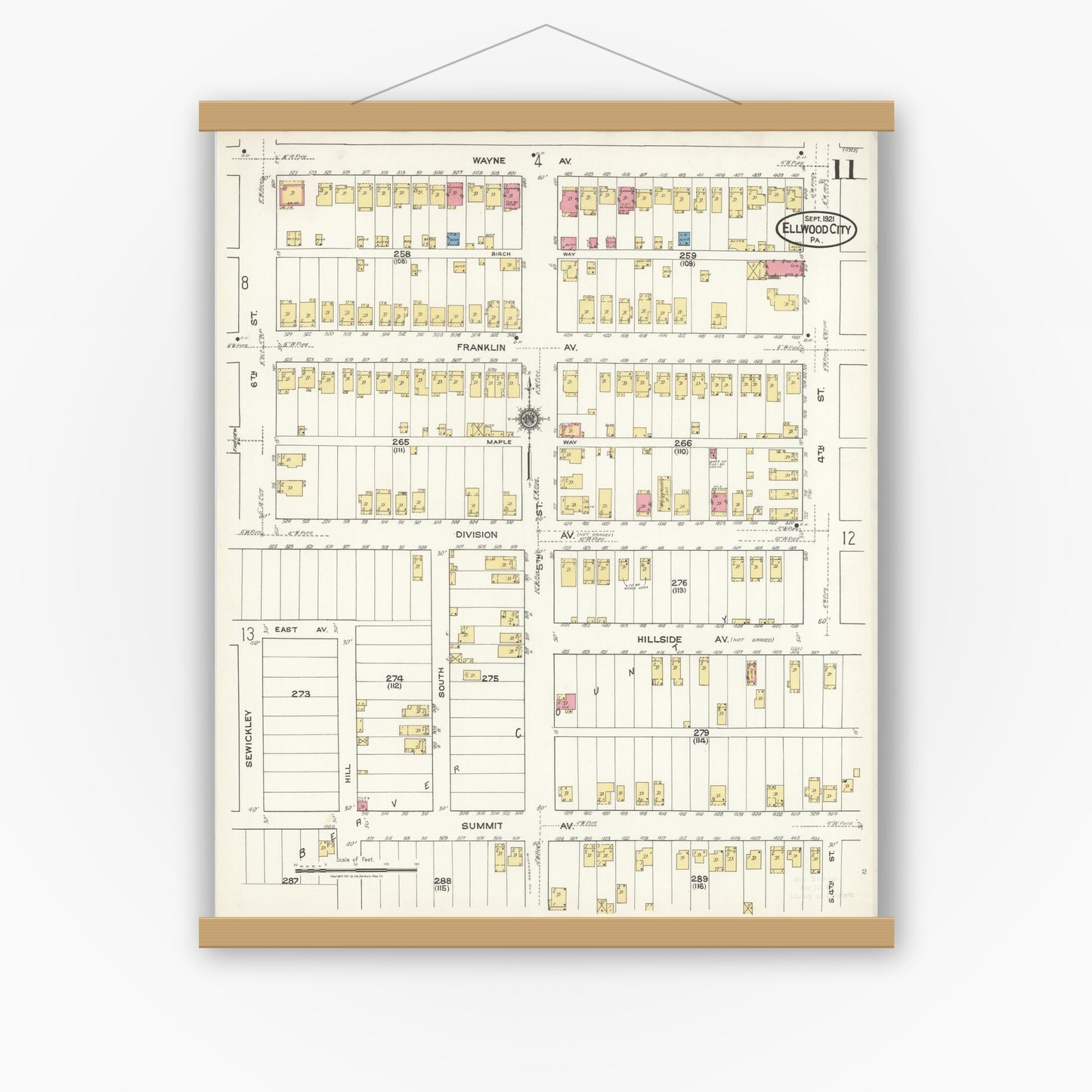 Old map wall art mockup — magnetic wood frame on white wall — Sanborn Fire Insurance Map from Ellwood City, Lawrence County, Pennsylvania (1921), Sheet #0011