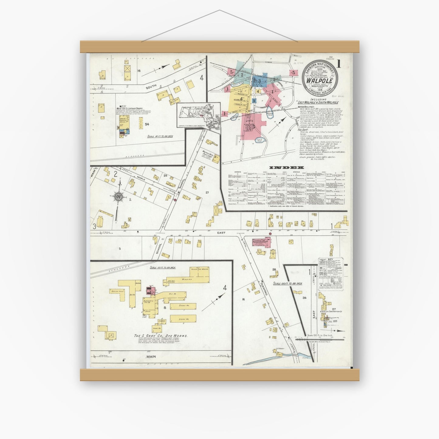 Old map wall art mockup — magnetic wood frame on white wall — Sanborn Fire Insurance Map from Walpole, Norfolk County, Massachusetts (1918), Sheet #0001