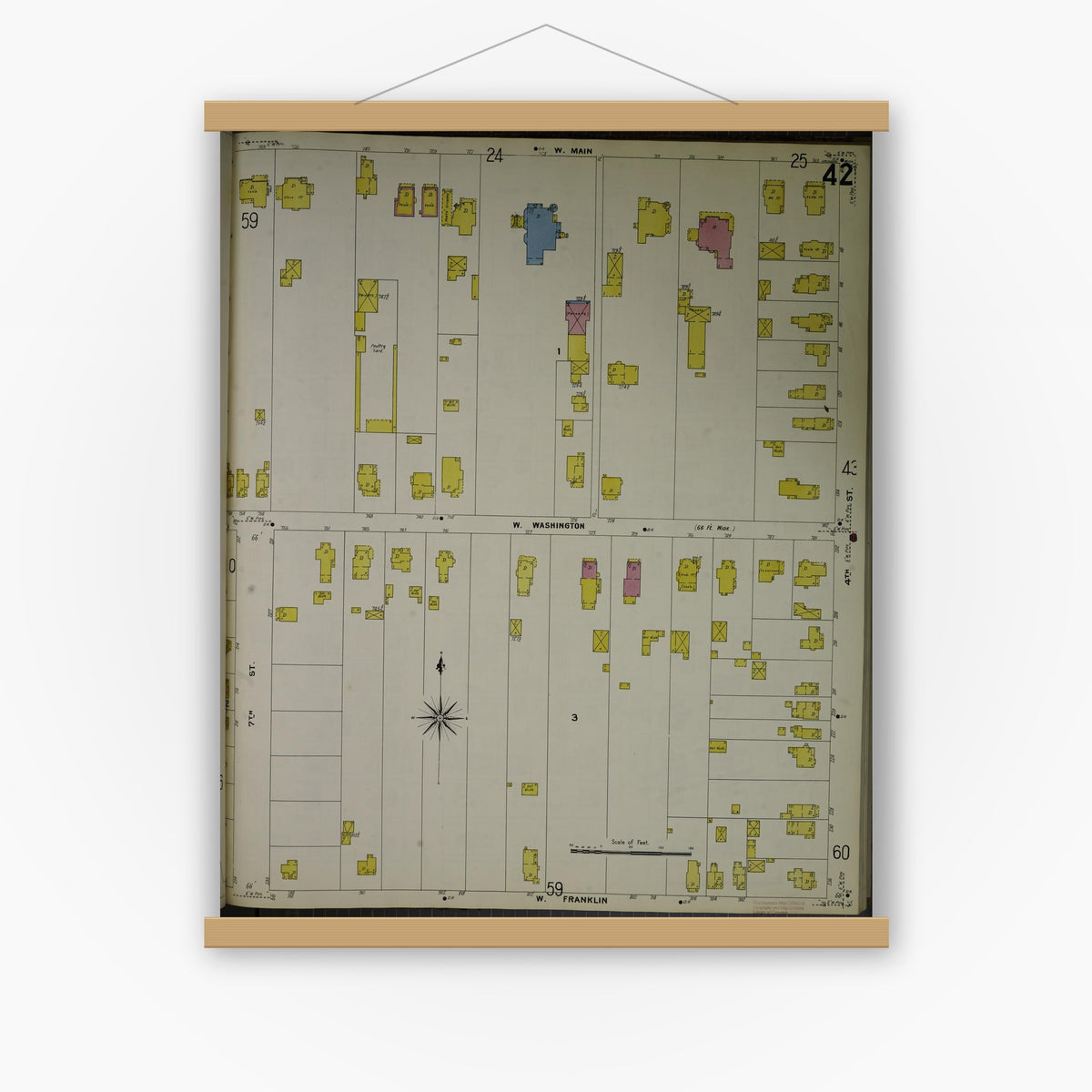 Old map wall art mockup — magnetic wood frame on white wall — Sanborn Fire Insurance Map from Jackson, Jackson County, Michigan (1907), Sheet #0042