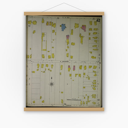 Old map wall art mockup — magnetic wood frame on white wall — Sanborn Fire Insurance Map from Jackson, Jackson County, Michigan (1907), Sheet #0042
