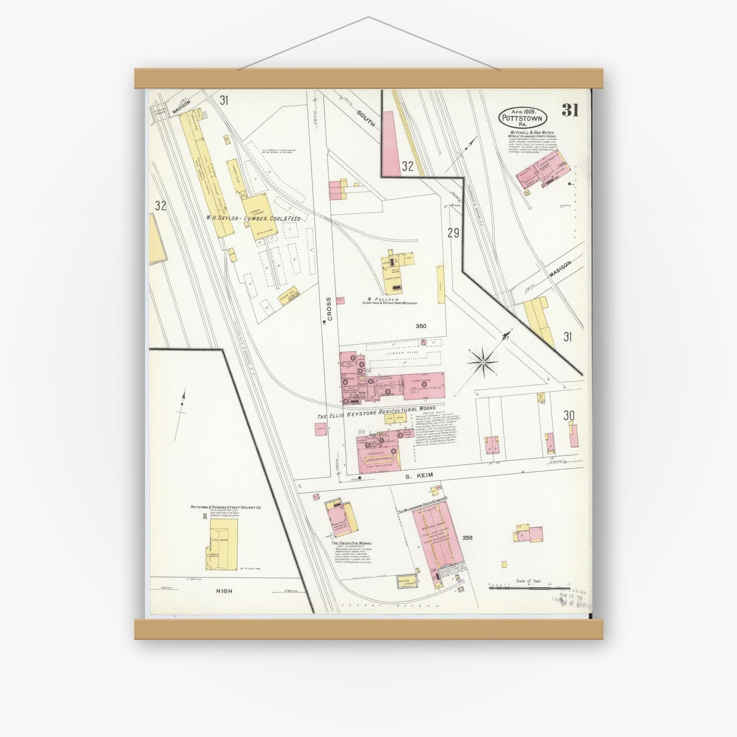 Old map wall art mockup — magnetic wood frame on white wall — Sanborn Fire Insurance Map from Pottstown, Montgomery County, Pennsylvania (1909), Sheet #0031